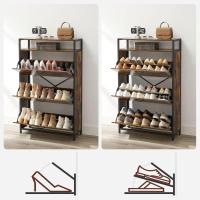 armario alto de almacenamiento de zapatos con 3 puertas plegables, estante abierto, divisor interior, para 12-18 pares de zapatos, ahorro de espacio, 60 x 30 x 130 cm, marrón rústico - details 14