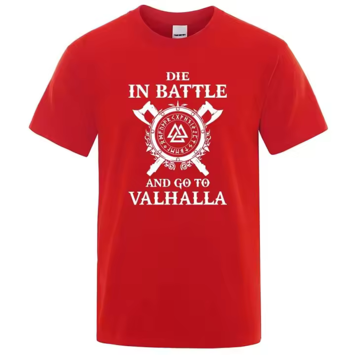 Camiseta con estampado vikingo para hombre, lema 'You Die in Battle, Go to Valhalla', ropa de marca, estilo hip-hop, verano, talla grande - 1