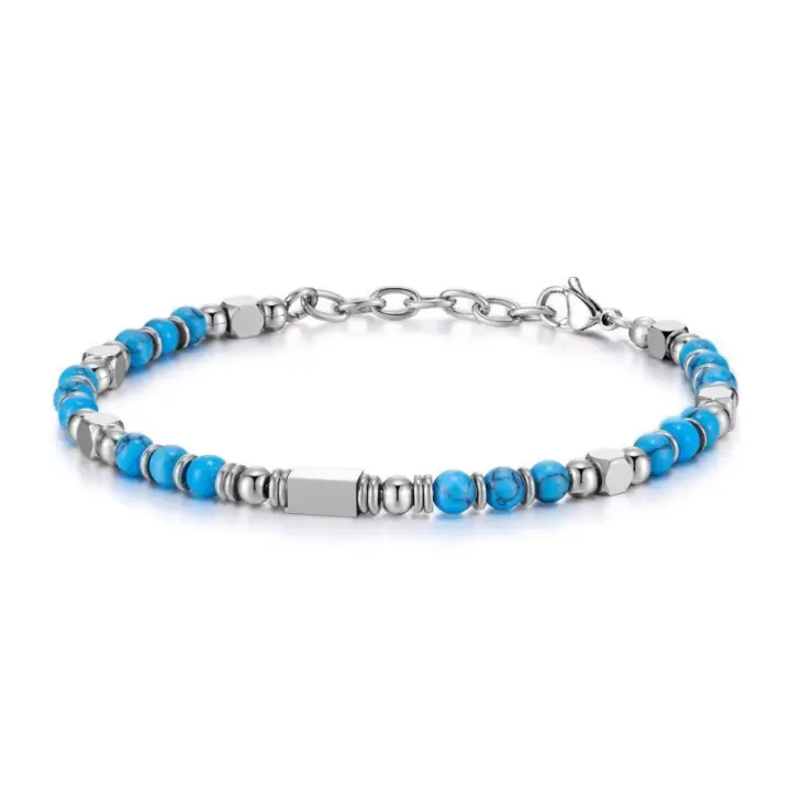 Pulsera Ajustable de Cuentas Naturales Turquesa y Amatista con Abalorios de Acero Inoxidable - 1