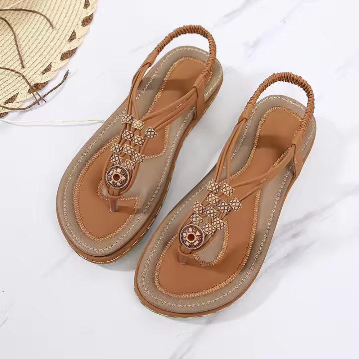 Sandalia Verano 2025 Sandalias para mujer Zapatos planos extragrandes tejidos con cuentas de madera - 1