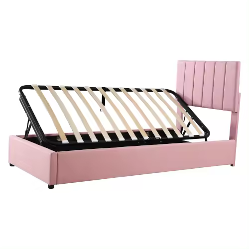 Cama tapizada 90x200 cm, cama con almacenaje hidráulico, litera de lino agradable para la piel, rosa (Sin colchón) - 1