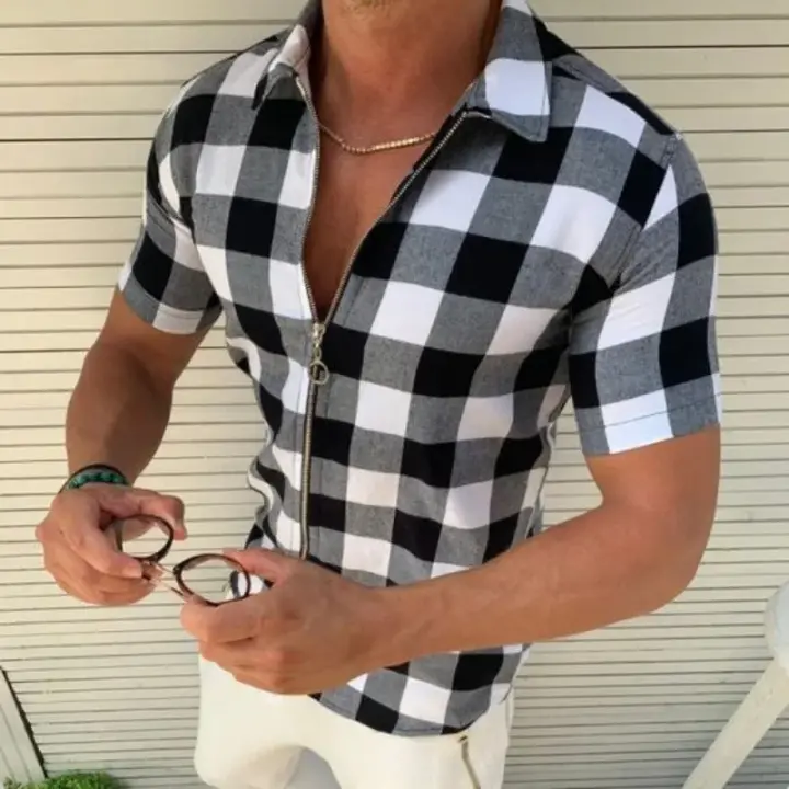 Estilo americano nuevo Retro cremallera cuatro lados rejilla elástica impresa Top hombres Slim Fit Cardigan pantalón corto Casual camisa de manga - 1