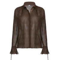 BUNO-Camisas acampanadas de manga larga con solapa y botones para mujer, blusas informales fruncidas transparentes, cubierta de playa, verano y otoño - details 11