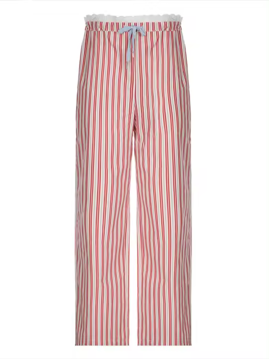 Pantalones holgados de pierna recta a rayas para mujer, moda coreana, cintura elástica, dobladillo empalmado, pantalones femeninos - 1