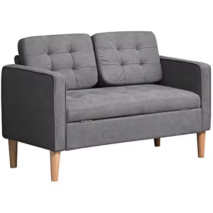 Sofá de 2 plazas, sofá con espacio de almacenamiento, patas de madera, sofá tapizado con aspecto de terciopelo para salón, dormitorio, 117x 62 x 78 cm, gris - 1