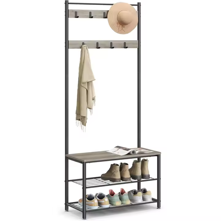 Perchero con estante para zapatos, mueble de entrada con banco, 3 en 1, estructura de acero, para entrada y pasillo, 32 x 70 x 177 cm, estilo industrial, marrón rústico y negro HSR41BX - 1