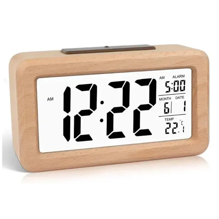 Despertador de madera con calendario y temperatura visualización. Reloj digital de madera maciza para decoración de escritorio. Idea de regalo - 1