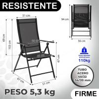 2 sillas Camping jardín y terraza Plegables y reclinables de 7 Posiciones de Acero con Epoxi anticorrosión y textileno Reforzado Negras - details 1