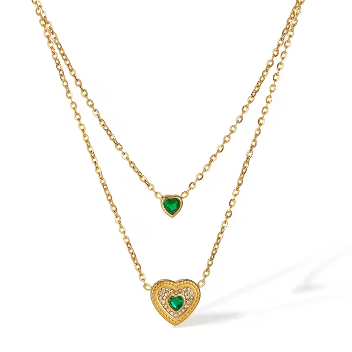 Collar vintage de corazón de esmeralda de doble capa – Cadena de clavícula de acero inoxidable francés chic para mujer - 1