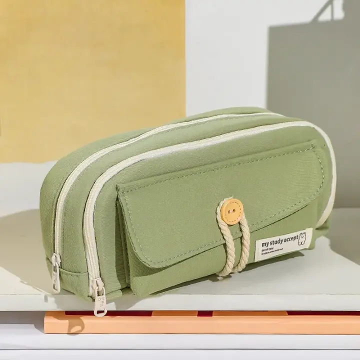 Bolsa de lápices para estudiantes, bolsa de papelería de tela de cordón de algodón con botón, bolsa de almacenamiento de gran ca - 1