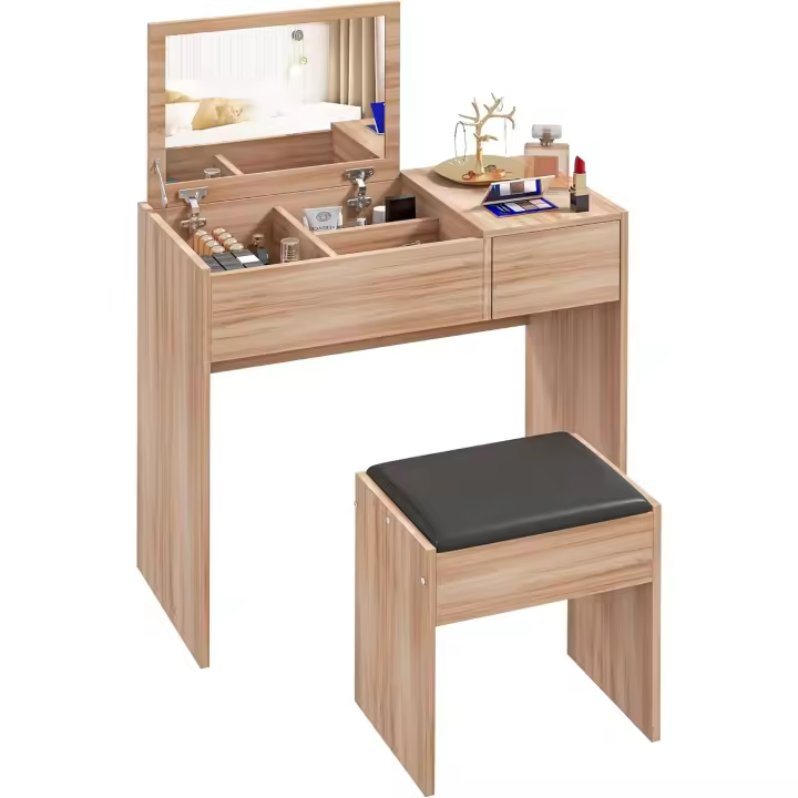 Tocador de Maquillaje con Taburete Mesa de Maquillaje con Espejo Tapa Abatible y Cajas de Almacenamiento 80x40x79 cm y 40x30x40 cm - 1