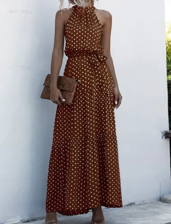 Vestido largo con lazo y cuello colgante con estampado de lunares para mujer Primavera/Verano 2025 - 1