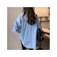 Camisa De Larga Manga Para Mujer En Vaquera Suelta Con Cuello En V Azul Oscuro Estilo Coreano Para Otoño Blusa De Algodón - details 3