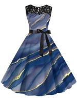 Vestido midi de fiesta elegante de verano con estampado floral, encaje, sin mangas, línea A y cinturón para mujer - details 17