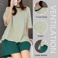 Conjunto De Pijamas Para Mujer Talla Grande Con Almohadilla Verano Estilo Coreano Moda Holgada Y Casual Verde Estampado Rayado Homewear - details 2