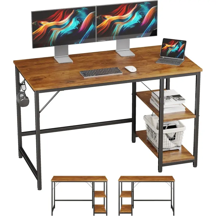 Escritorio, Mesa para Ordenador, Mesa de Trabajo, Mesa Gaming con Gancho para Auriculares, 2 estantes, 120 x 60 cm, Color Madera Antigua - 1