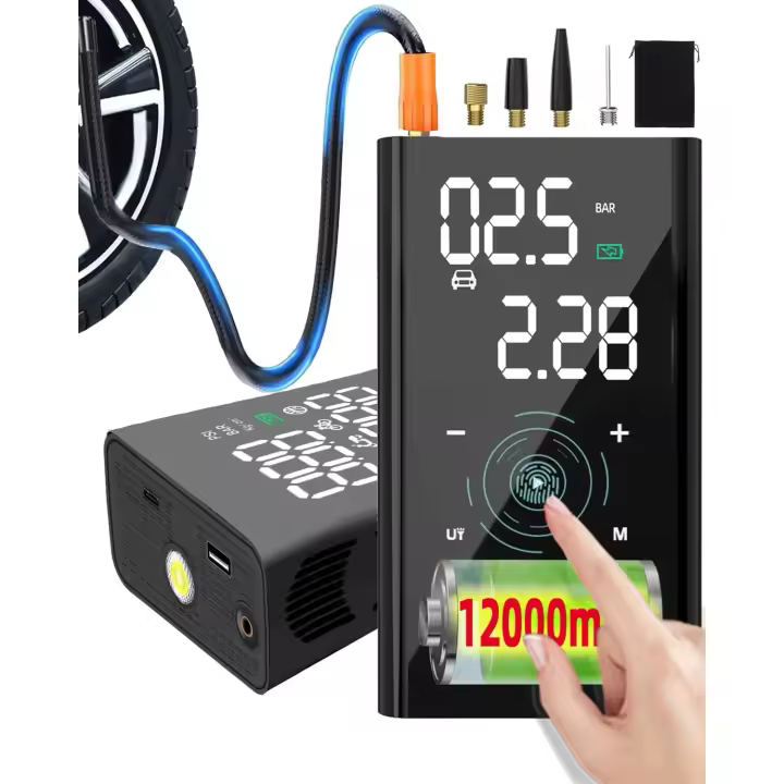 12000mAh Inflador Ruedas Coche- Velocidad 4X, 150PSI Mini Compresor Aire Portatil Bateria, Inflador Electrico Bicicleta para Válvula Schrader/Presta/Dunlop, 10Bar Hinchador Ruedas Moto/Bici/SUV - 1