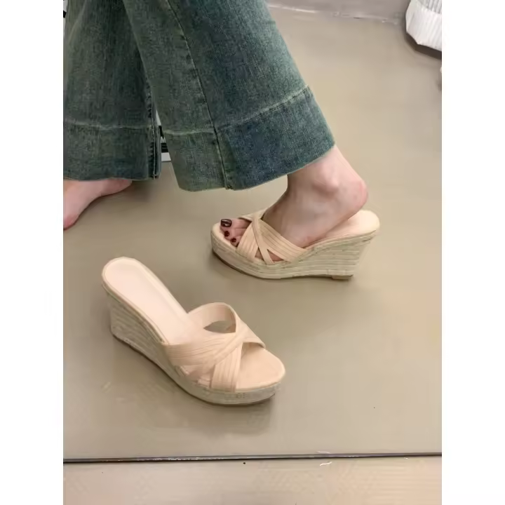 Zapatillas con Tacón de Cuña para mujer, ropa exterior a la moda de verano, cuerda de cáñamo tejida, zapatillas versátiles de tacón alto con una palabra, novedad de 2025 - 1