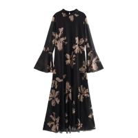 Otoño nueva malla con estampado floral para mujer, vestido de vacaciones con cuello redondo y mangas acampanadas de talla grande - details 3