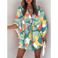 Traje de baño para mujer Vestido de playa estampado con cordón3/4MangaVMini falda de playa con Cuello estilo bohemio - details 7