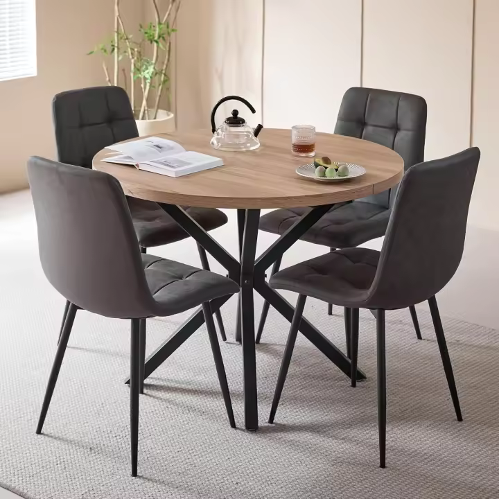 Comedor con Mesa Redonda de 100 cm y 4 Sillas Tapizadas, Conjunto de Mesa y Sillas de Comedor para Comedor, Cocina y Salón (Madera Clara+Marrón Claro (PU)) - 1
