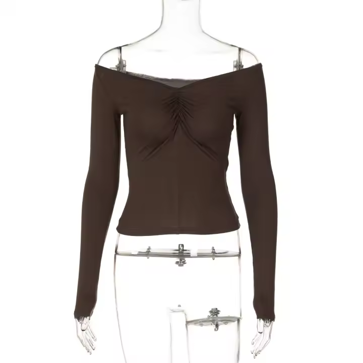 Ropa de mujer puro deseo estilo Spice Girl otoño nuevo cuello de una palabra camisa ajustada de fondo de manga larga plisada top - 1