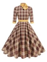 2025 nuevo Retro cuello falso Bowknot Plaid Vintage 1950s mujeres 3/4 manga larga Otoño Invierno elegante bolsillos Midi vestidos - details 1
