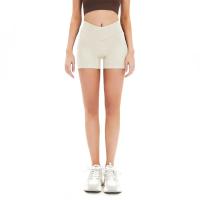 Pantalones cortos de yoga para mujer, pantalones cortos de fitness, pantalones cortos elásticos acanalados con cintura en forma de V de color sólido sin costuras, pantalones cortos con cuerda para saltar - details 8