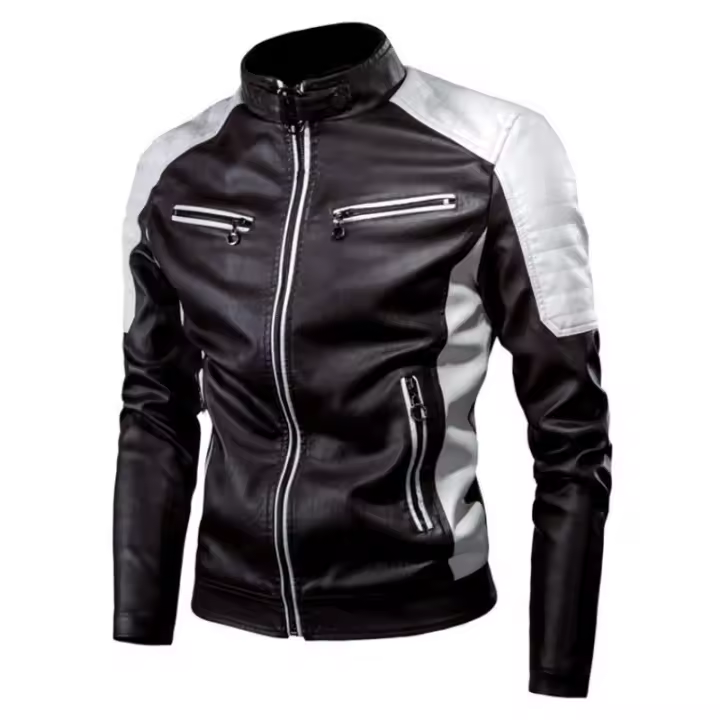 Chaqueta de PU con cuello levantado para moto, abrigo casual Slim, Color lock, - 1