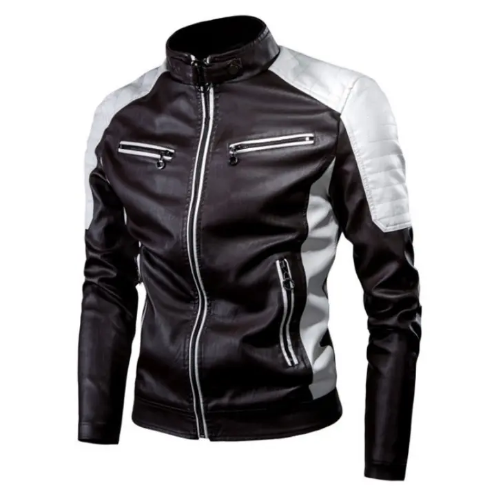 Chaqueta de PU con cuello levantado para moto, abrigo casual Slim, Color lock, - 1