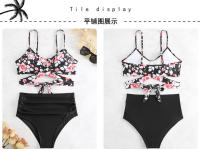 Traje de baño dividido de cintura alta para mujer, bikini multicolor con estampado de cuello halter cruzado - details 27