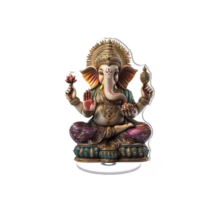 Adorno acrílico giratorio que representa a un Ganesha místico con un cuerpo dorado con incrustaciones de piedras preciosas, con una corona de llamas y agarrando una planta sagrada de tulsi. - 1