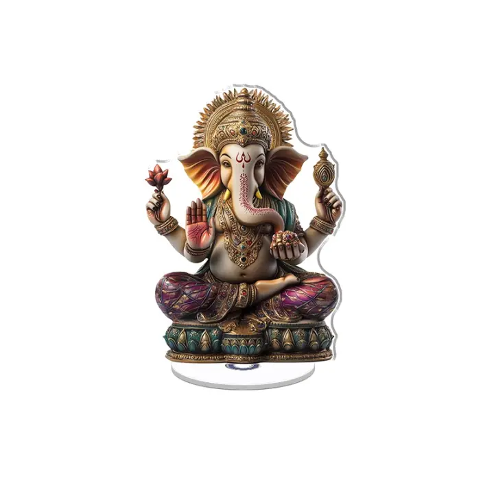 Adorno acrílico giratorio que representa a un Ganesha místico con un cuerpo dorado con incrustaciones de piedras preciosas, con una corona de llamas y agarrando una planta sagrada de tulsi. - 1