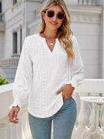 Blusa lisa de manga larga con cuello en V para mujer, camisa elegante para trabajo de oficina, informal, 2023 - details 39