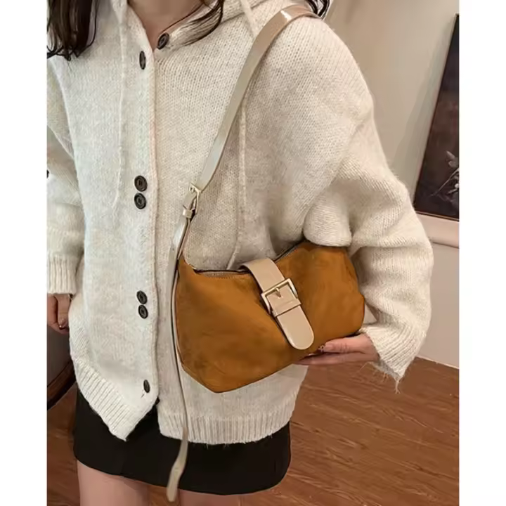 Bolso de ante vintage con forma de media luna para mujer, mini bolso de mano con asa superior, bolso de moda, bolso informal holgado con correa ajustable - 1
