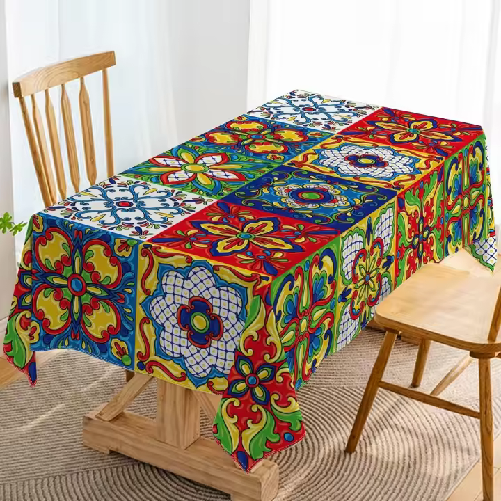 Mantel de Cerámica Talavera Mexicans Decoración de Fiesta de Navidad Impermeable, Reutilizable para Mesa de Cocina - 1