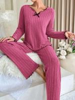 Ropa de dormir ranurada para mujer, ropa de dormir de otoño e invierno, top y pantalones de manga larga, conjunto de 2 piezas, ropa para el hogar, ropa informal - details 6