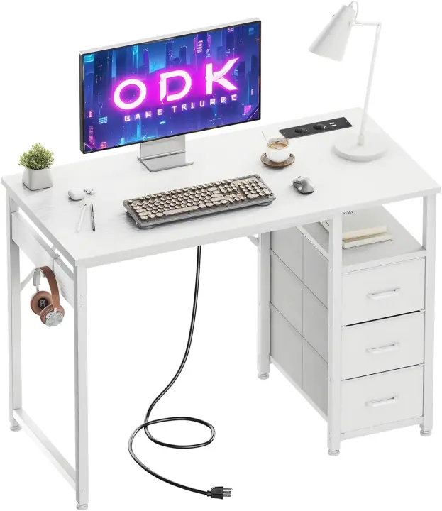 con Puerto de Carga USB y Toma, Escritorio para Ordenador con 3 Cajones de Tela, Escritorio de Madera para Oficina, Salón, Hogar, Oficina (Blanco, 120x48x75,5cm) - 1