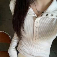 Jerseys de punto de manga larga para mujer, suéteres con botones de calle alta Y2K, Tops de fondo acanalados grises Vintage, Otoño e Invierno - details 1