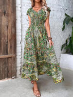Vestido largo bohemio con cuello en V para mujer con vestido de péndulo con estampado floral en la cintura - details 4