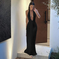 BUNO-Vestido largo sexi con escote Halter y escote en V profundo para mujer, vestido de noche elegante de retazos, vestido de noche liso ajustado sin mangas - details 9