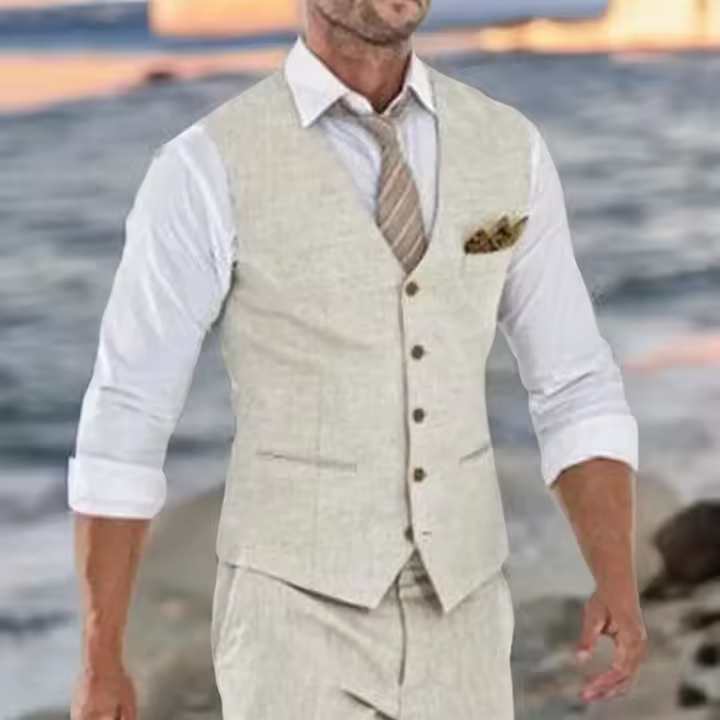 Chaleco de traje de lino beige para hombre, chaleco de una pieza para boda, verano, playa, cuello en V, costo de moda masculina. - 1