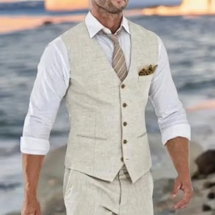 Chaleco de traje de lino beige para hombre, chaleco de una pieza para boda, verano, playa, cuello en V, costo de moda masculina. - 1