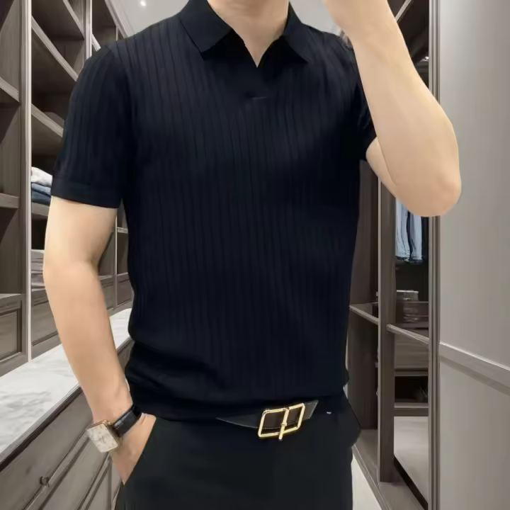 Polo para hombre, camiseta de color sólido, estilo coreano, Raya vertical, ajustado, informal, a la moda, top multifuncional de manga corta - 1