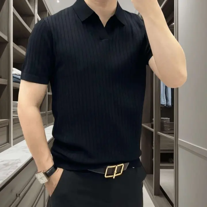 Polo para hombre, camiseta de color sólido, estilo coreano, Raya vertical, ajustado, informal, a la moda, top multifuncional de manga corta - 1
