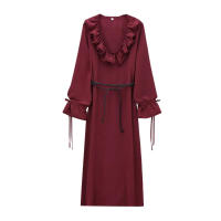 , Nueva serie de vestido de manga larga elegante apilado decorativo hasta la rodilla con cuello en V para mujer con cinturón para temperamento femenino - details 2