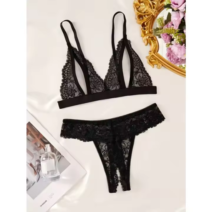 Conjunto de Ropa Interior de Encaje Floral de 2 Piezas, Sujetador Triangular con Copa Abierta y Tanga Sin Entrepierna, Conjunto de Lencería y Bragas Sexys para Mujer - 1