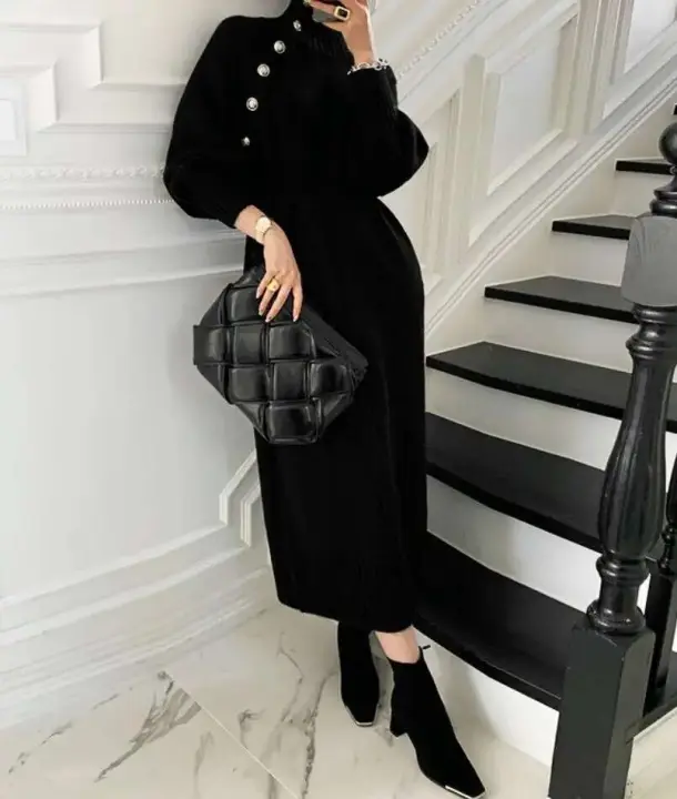Nueva moda Otoño/Invierno vestido ajustado de manga larga con cuello vuelto de punto con cordones de Color sólido para mujer, 3 colores - 1
