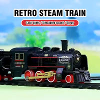 Tren de vapor clásico vintage, tren eléctrico de batería, locomotora de ferrocarril, juguetes de tren con rociador de agua, luz y sonido - details 0