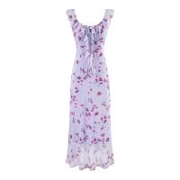 Vestido largo de gasa con volantes, cordón y estampado francés estilo retro de verano, entallado, ideal para vacaciones. - details 3